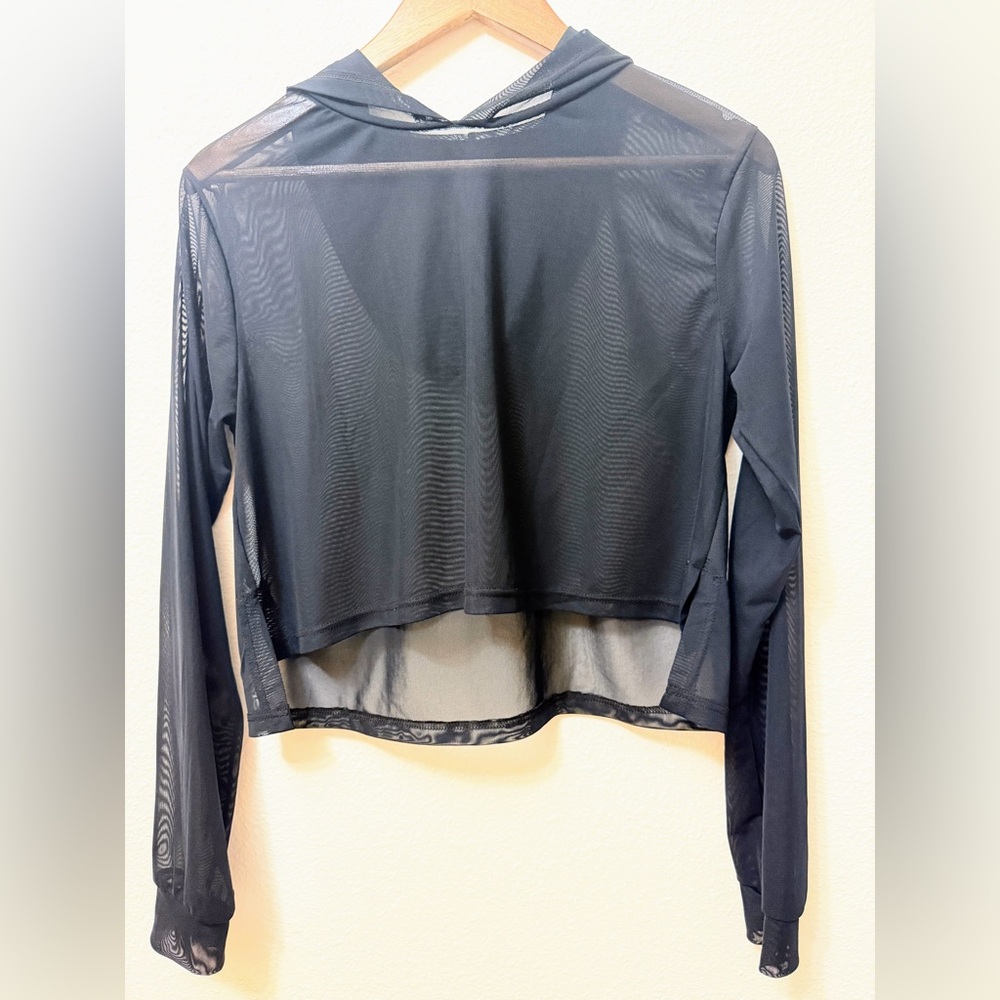 Black Sheer Mesh Cropped Hoodie Long Sleeve Lightweight Layer Top